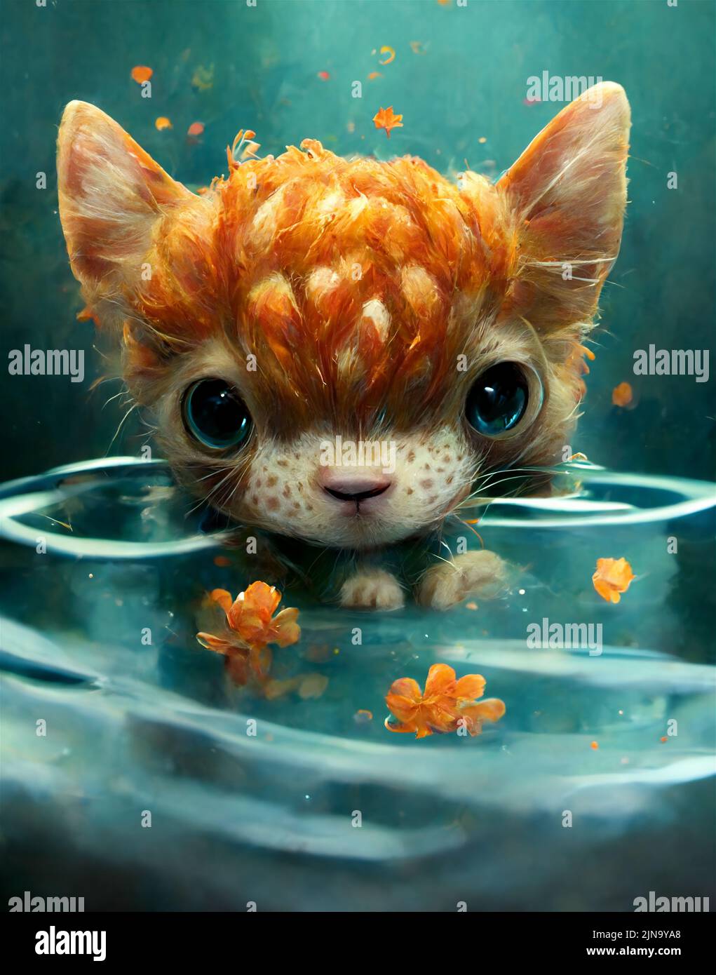 Cute ginger cat in water, abstract background picture, close up Stock Photo
