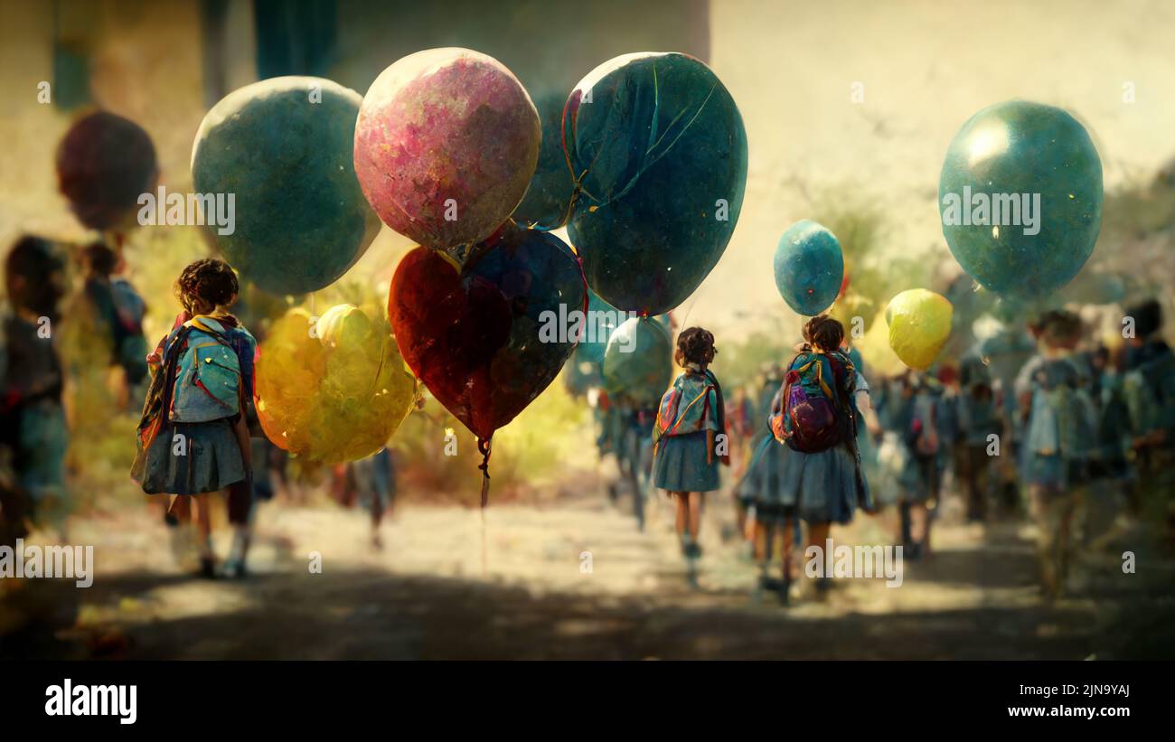 Back to school day, abstract background. First of September, group of children with backpack go to school, outdoors, rear view. Multicoloured balloons Stock Photo