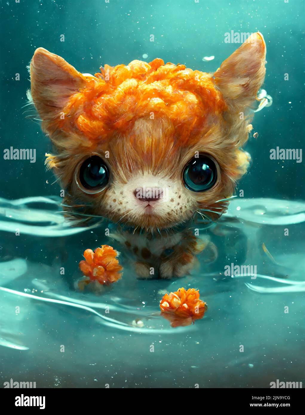 Cute ginger cat in water, abstract background picture Stock Photo