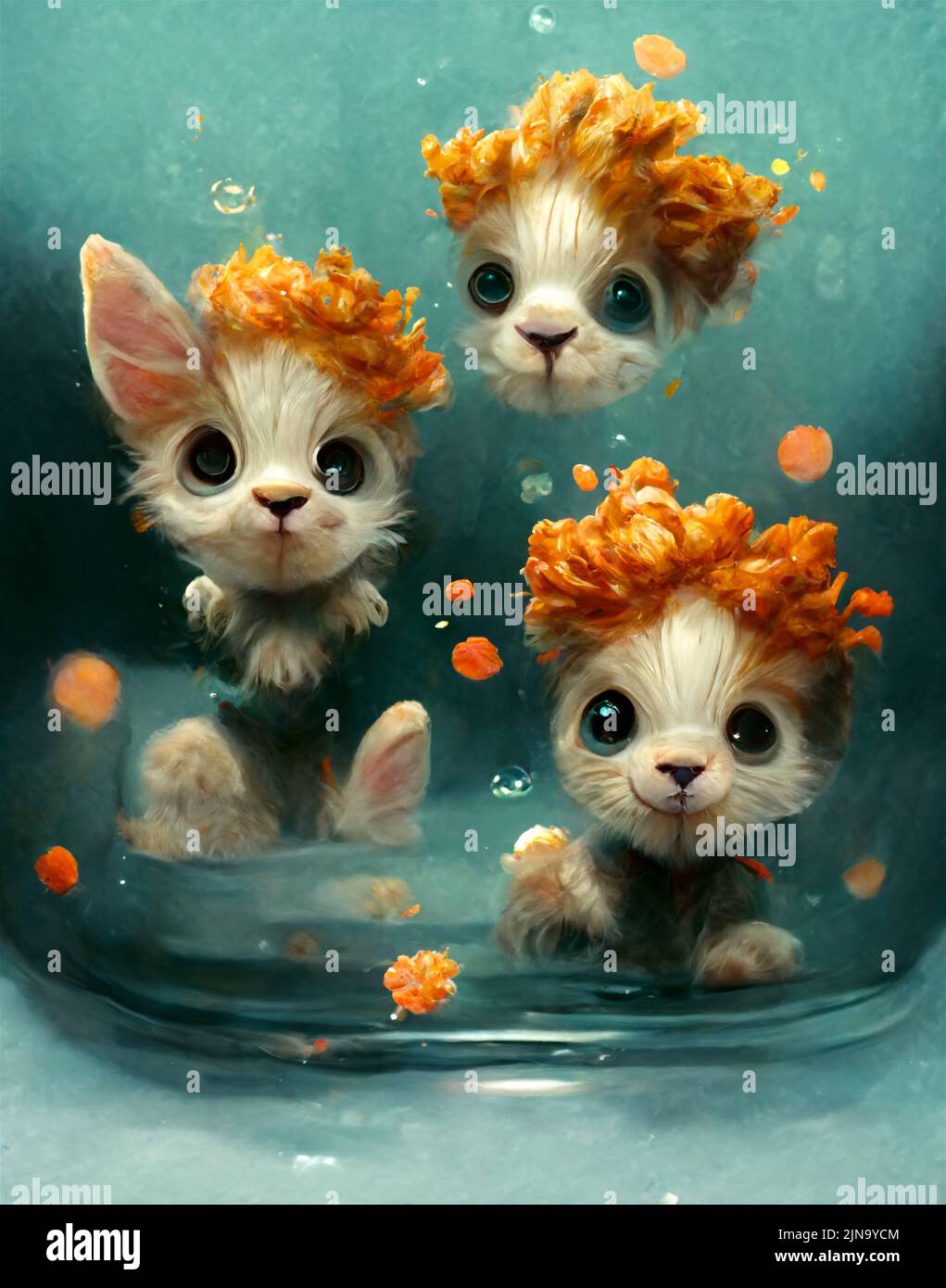 Three cute ginger cats in water, abstract background picture, close up Stock Photo