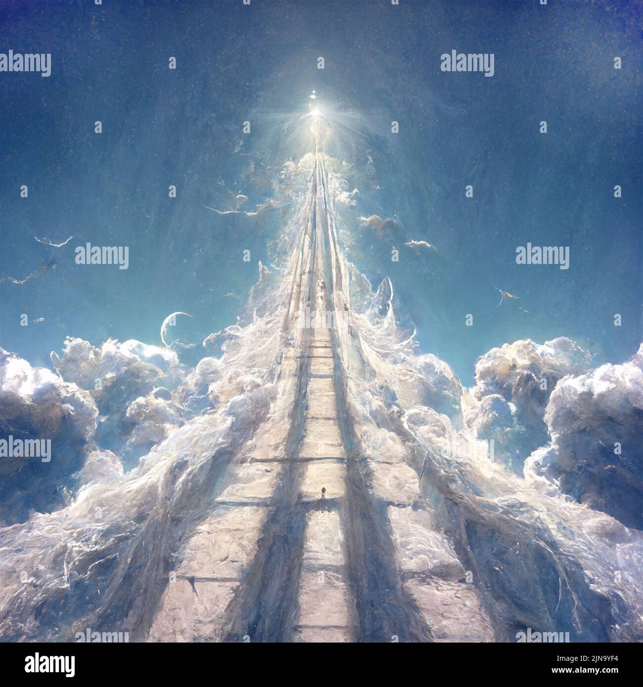 Way to heaven. Staircase leading to the blue fluffy cloudy sky. Abstract background Stock Photo