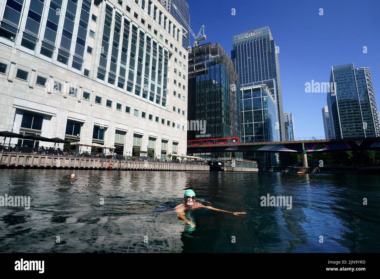 A swimmer in the new open water swimming venue in Canary Wharf during warm weather in east London. The Met Office has issued an amber warning for extreme heat covering four days from Thursday to Sunday for parts of England and Wales as a new heatwave looms. Picture date: Wednesday August 10, 2022. Stock Photo