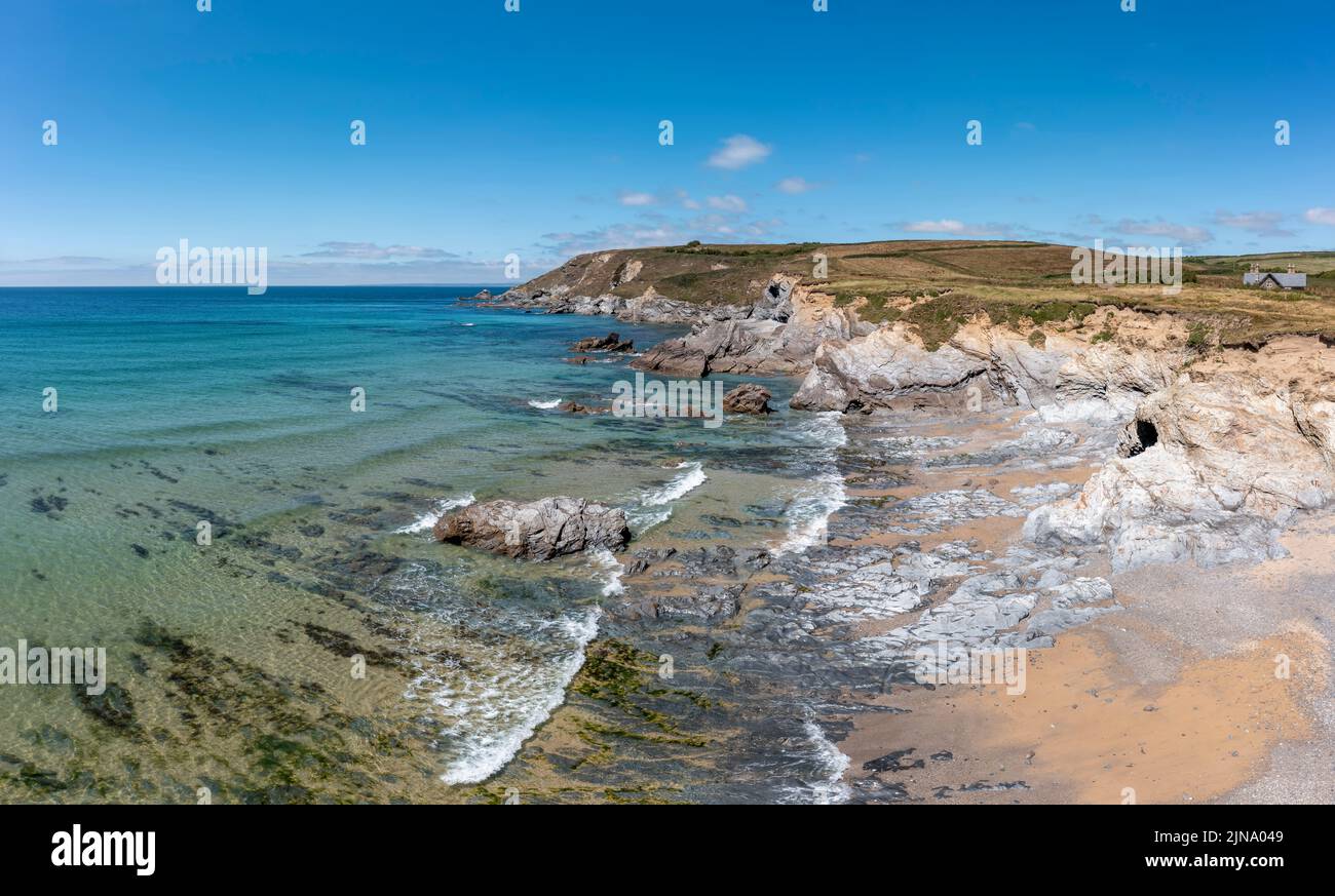 dollar cove near helston cornwall looking north sunny day elevated view panorama Stock Photo