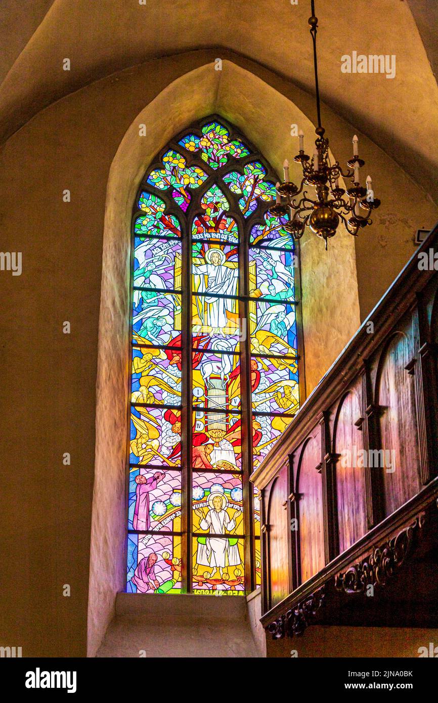 Modern stained glass in the Church of the Holy Ghost or Church of the Holy Spirit (Püha Vaimu kirik) in the old town of Tallinn the capital city of Es Stock Photo