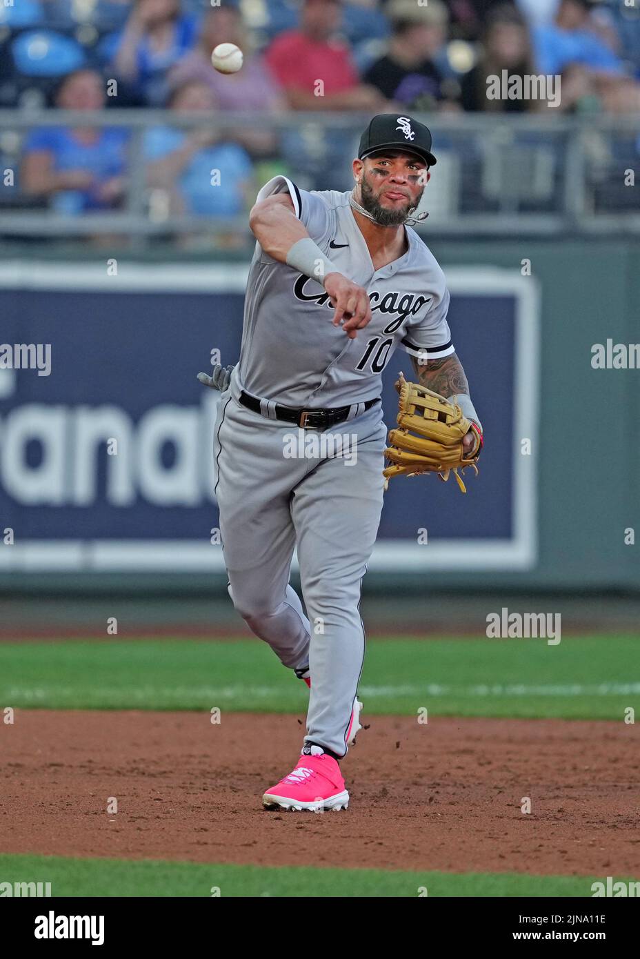 Chicago White Sox third baseman Yoan Moncada (10) swings at the pitch in an  MLB baseball game against the Colorado Rockies, Sunday, Aug. 20, 2023. The  White Sox defeated the Rockies 10-5