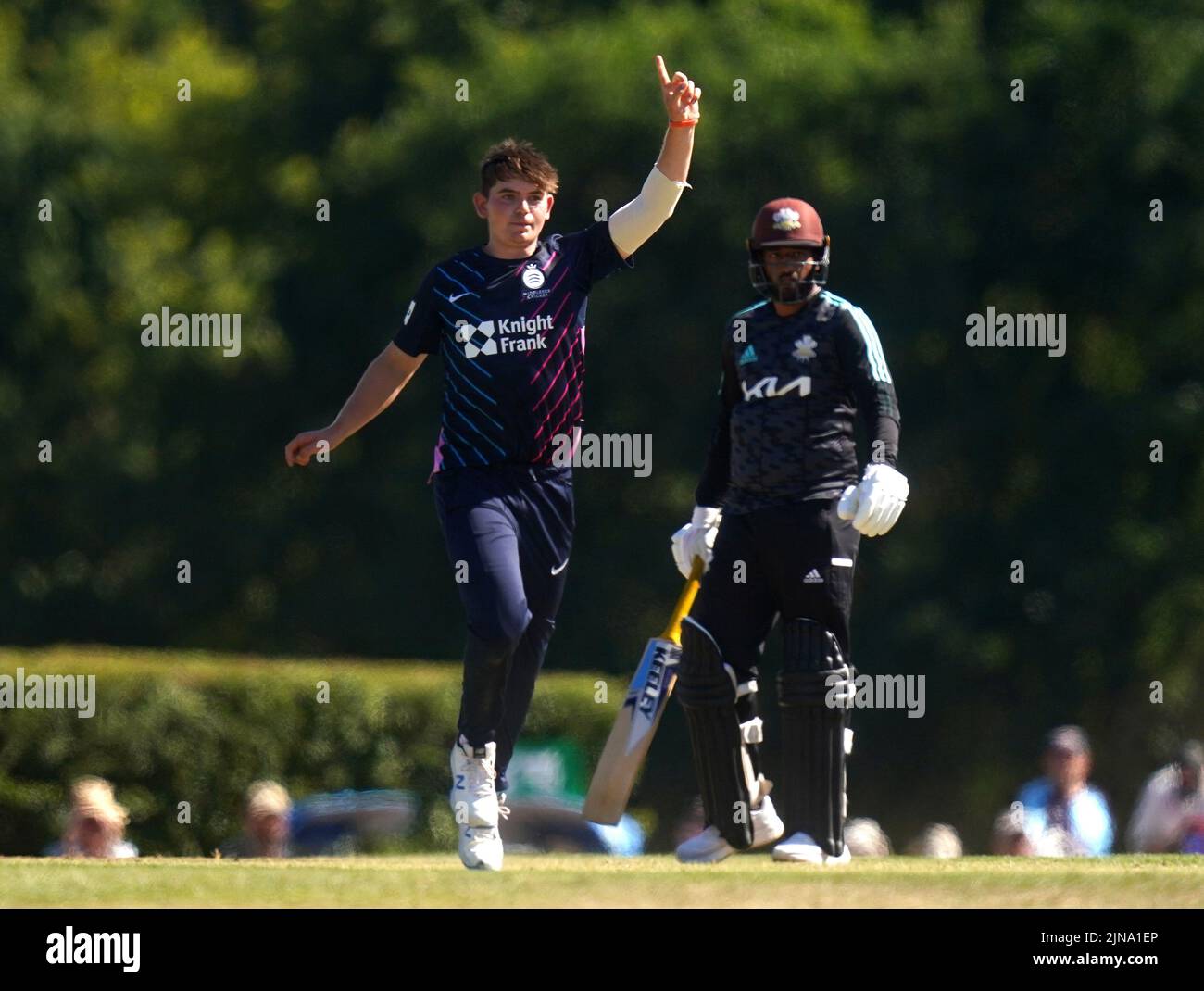 Middlesex's Ethan Bamber celebrates taking the wicket of Surrey's Josh Blake during Royal London One-Day Cup Group A match at Radlett Cricket Club, Hertfordshire. Picture date: Wednesday August 10, 2022. Stock Photo