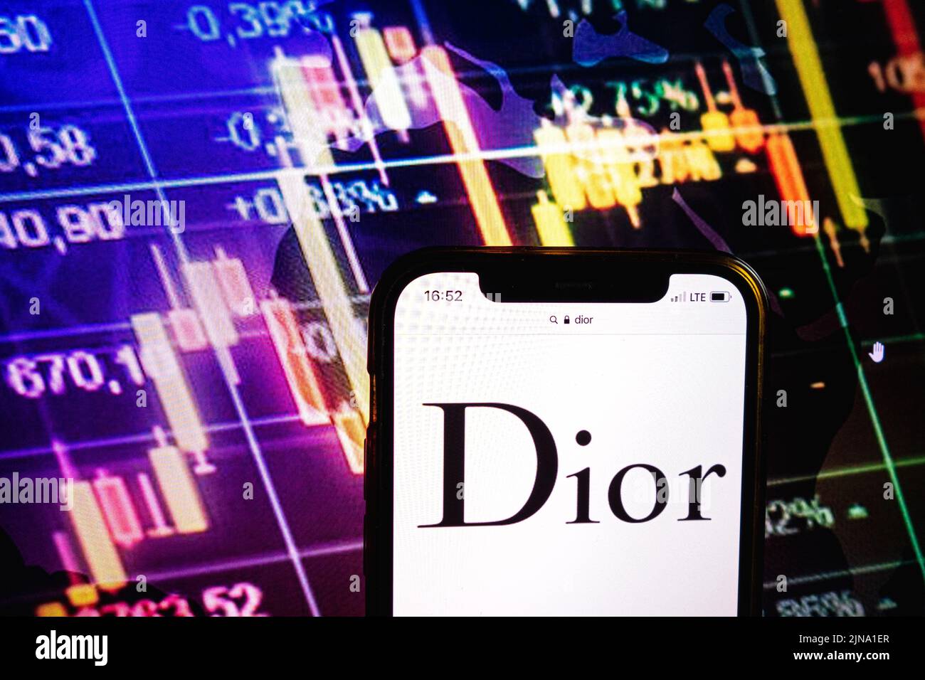 KONSKIE, POLAND - August 09, 2022: Smartphone displaying logo of Dior company on stock exchange diagram background Stock Photo