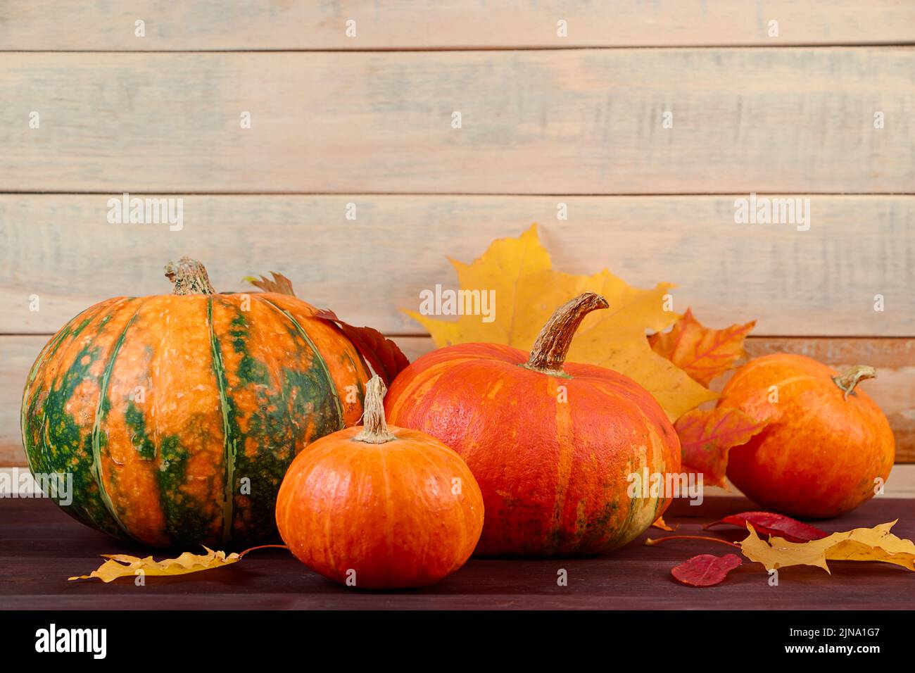Autumn harvest. Ripe pumpkins and fallen leaves on a wooden background. Thanksgiving and halloween concept. Copy space. Stock Photo