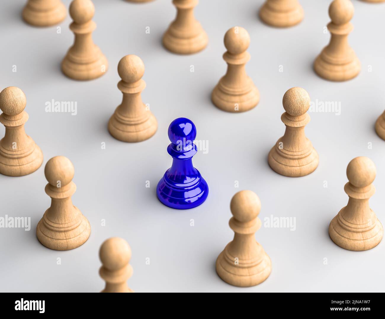 An blue chess pawn standing in the middle wooden chess pawn, appearing different in the crowd will be the center of attention. 3d illustration Stock Photo