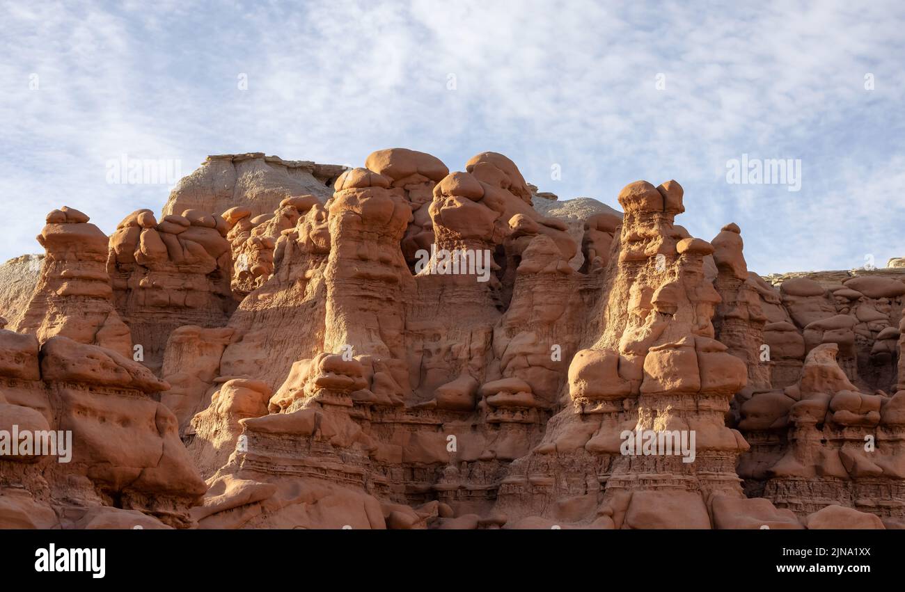 Red Rock Formations and Hoodoos in the Desert at Sunrise. Spring Season. Stock Photo