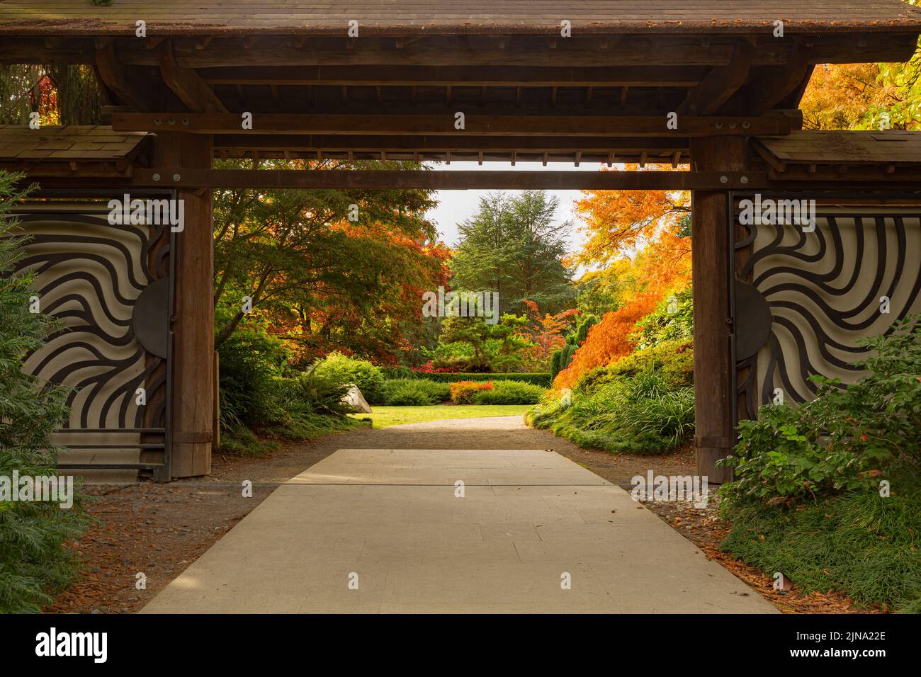 WA21845-00...WASHINGTON - Entry gate at Kubota Garden,in the fall; a Seattle City Park. Stock Photo
