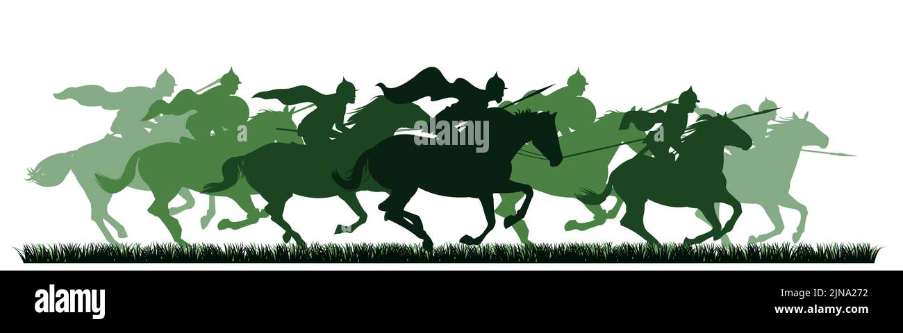 Detachment Knights are jumping. Scenery silhouette. Medieval warriors with spears and in armor ride horses. Object isolated on white background Stock Vector