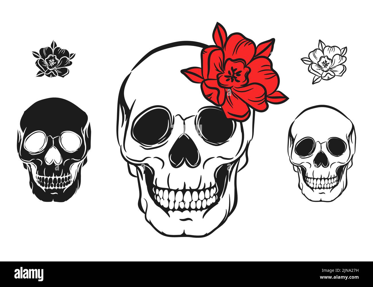 Skull decorated with beautiful flower in tattoo style isolated vector ...