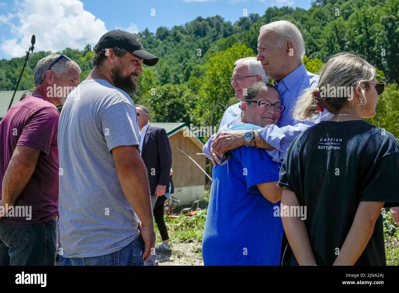 Lost Creek, United States of America. 08 August, 2022. U.S President Joe Biden, embraces a flood victim during a tour of the region devastated by flash floods, August 8, 2022, in Lost Creek, Kentucky. Credit: Adam Schultz/White House Photo/Alamy Live News Stock Photo