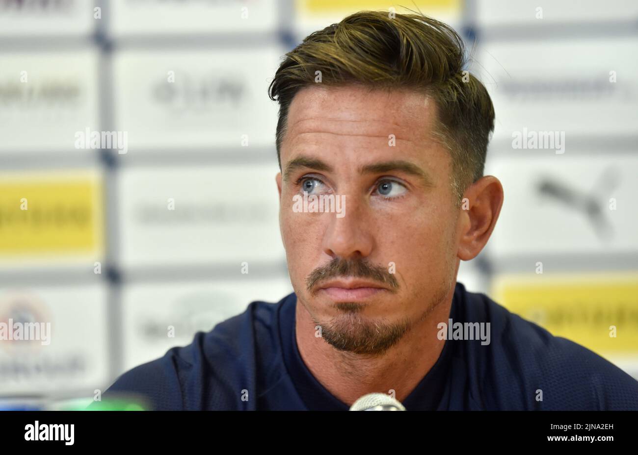 Uherske Hradiste, Czech Republic. 10th Aug, 2022. Milan Petrzela, player of Slovacko, speaks during the press conference prior to European Football League third qualifying round return match FC Slovacko vs Fenerbahce Istanbul in Uherske Hradiste, Czech Republic, August 10, 2022. Credit: Dalibor Gluck/CTK Photo/Alamy Live News Stock Photo