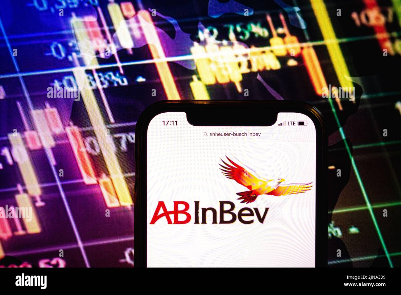 KONSKIE, POLAND - August 09, 2022: Smartphone displaying logo of Anheuser-Busch InBev company on stock exchange diagram background Stock Photo