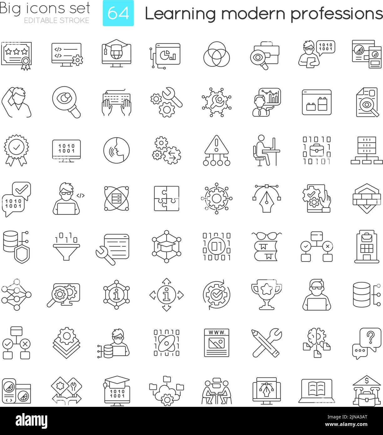 Learning modern professions linear icons set Stock Vector