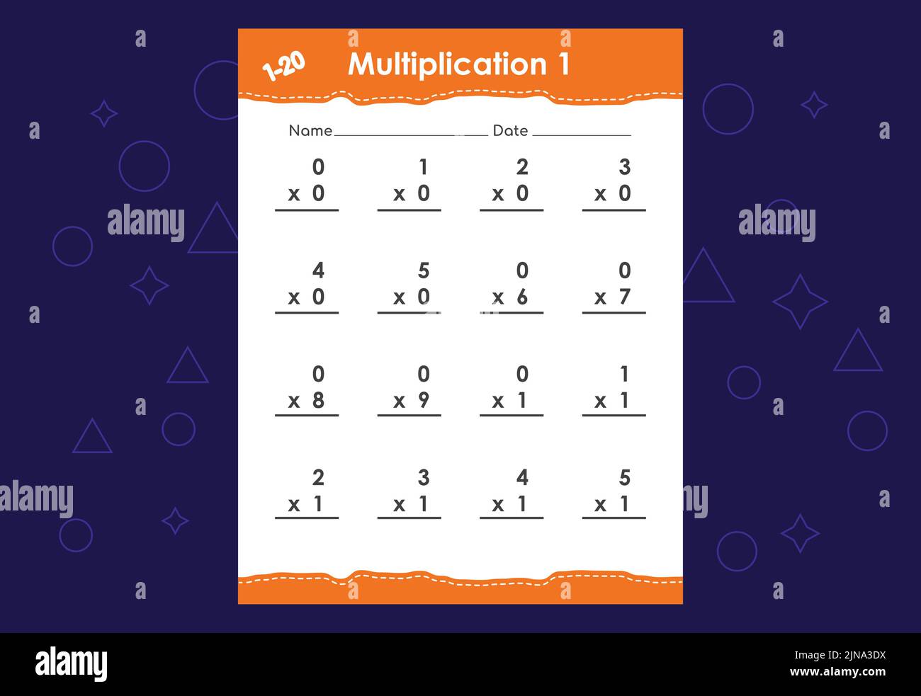 Basic math multiplication for kids. An educational worksheet for kids. Vector design Stock Vector