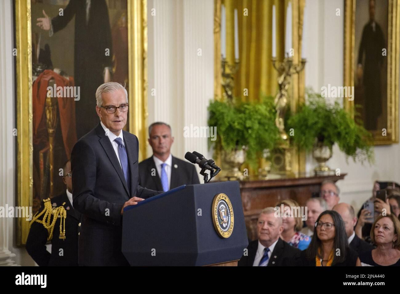 Washington, United States. 10th Aug, 2022. Secretary of Veterans Affairs Denis McDonough speaks.during a signing ceremony for the PACT Act of 2022, a bill to expand health care benefits for veterans exposed to toxic burn pits, in the East Room of the White House in Washington, DC on Wednesday, August 10, 2022. Photo by Bonnie Cash/UPI Credit: UPI/Alamy Live News Stock Photo