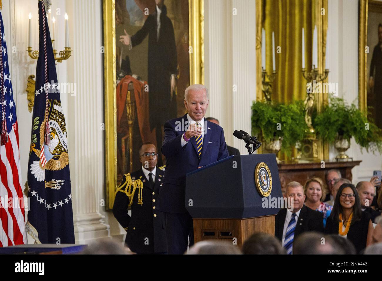 Washington, United States. 10th Aug, 2022. President Joe Biden speaks during a signing ceremony for the PACT Act of 2022, a bill to expand health care benefits for veterans exposed to toxic burn pits, in the East Room of the White House in Washington, DC on Wednesday, August 10, 2022. Photo by Bonnie Cash/UPI Credit: UPI/Alamy Live News Stock Photo