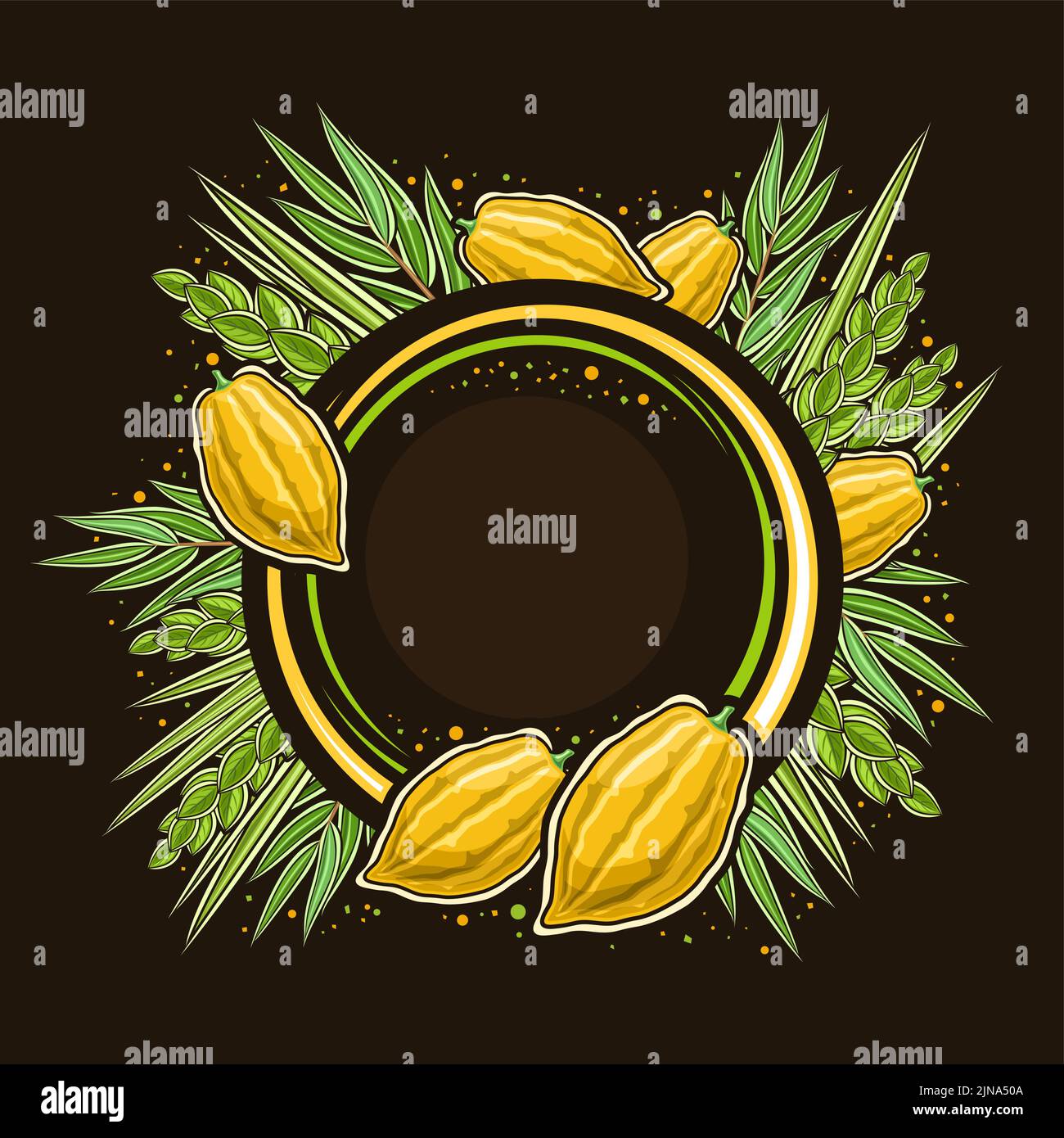 Vector frame for Sukkot with empty copy space for congratulation text, decorative round tag with illustration of traditional four species plants for s Stock Vector