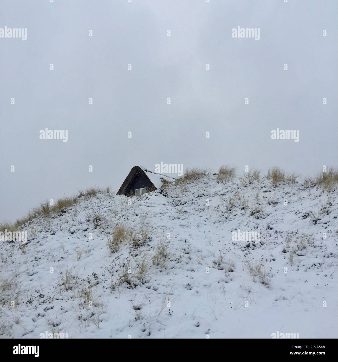 Roof of a traditional summerhouse behind a sand dune in the snow, Fanoe, Jutland, Denmark Stock Photo