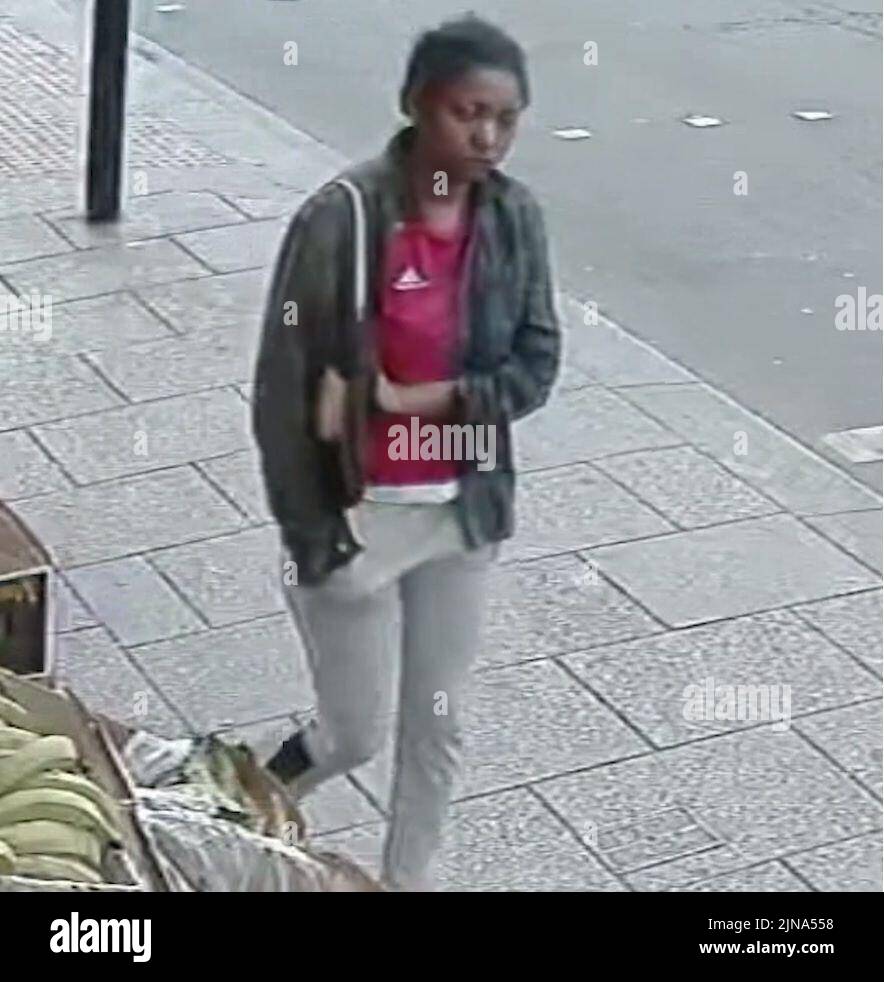 Handout CCTV image issued by Metropolitan Police of Owami Davies walking north on London Road, Croydon away from West Croydon about 1230 on Thursday July 7. The 24-year-old student nurse went missing after she left her family home on July 4 Issue date: Wednesday August 10, 2022. Stock Photo