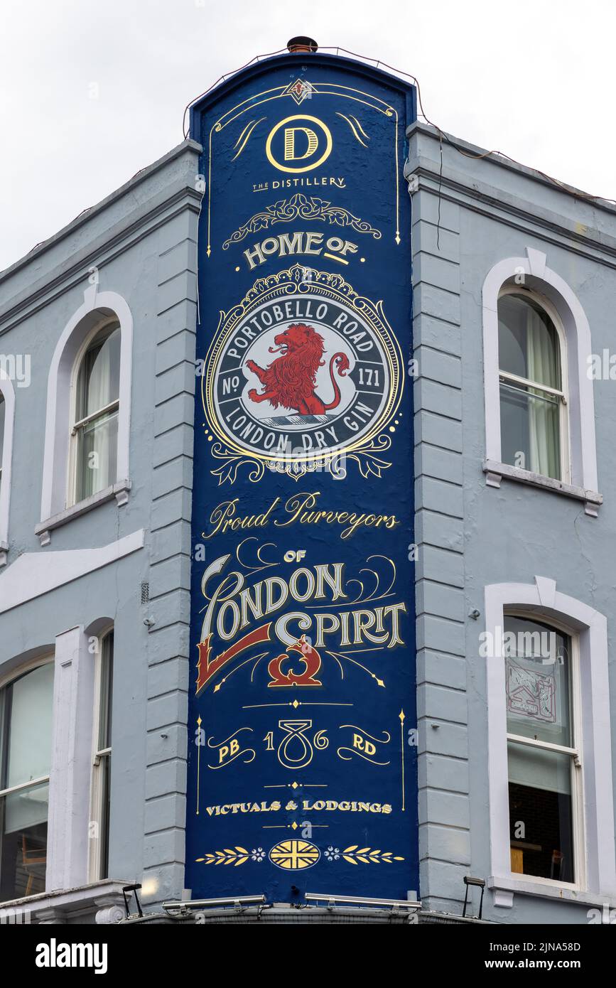 London, UK - 11 March 2022: Sign for The Distillery and Ginstitute, Portobello Road, London. A working distillery and restaurant in the heart of the c Stock Photo