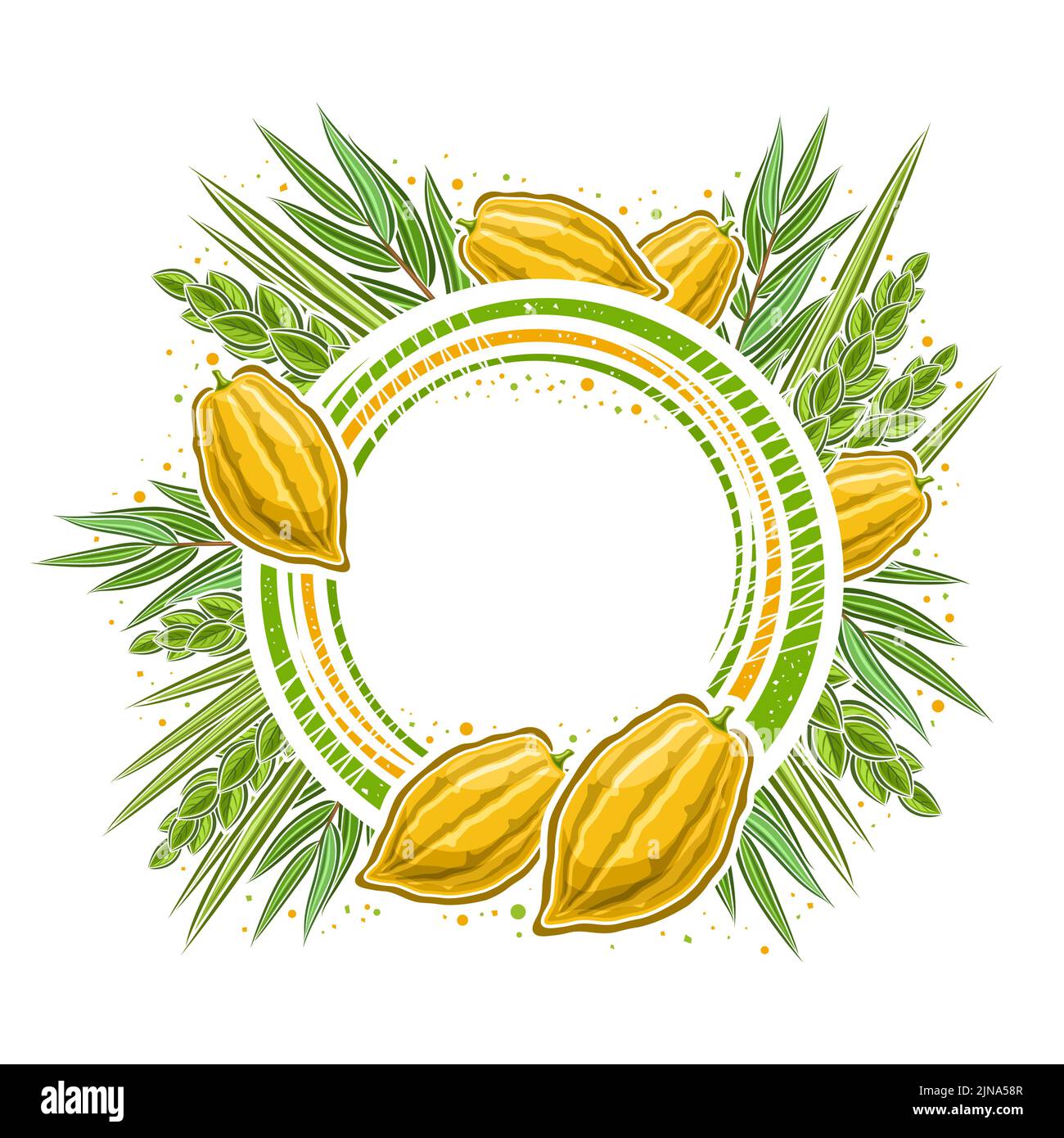 Vector frame for Sukkot with blank copy space for congratulation text, decorative circle tag with illustration of traditional four species leaves for Stock Vector