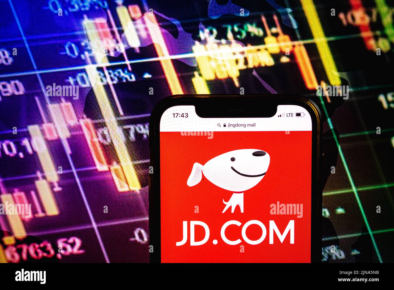 KONSKIE, POLAND - August 09, 2022: Smartphone displaying logo of Jingdong Mall company on stock exchange diagram background Stock Photo