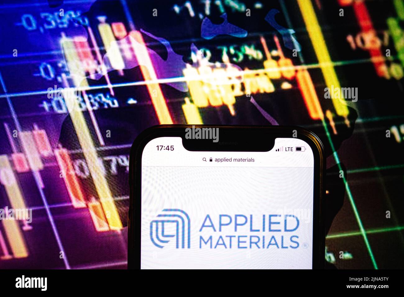 KONSKIE, POLAND - August 09, 2022: Smartphone displaying logo of Applied Materials company on stock exchange diagram background Stock Photo