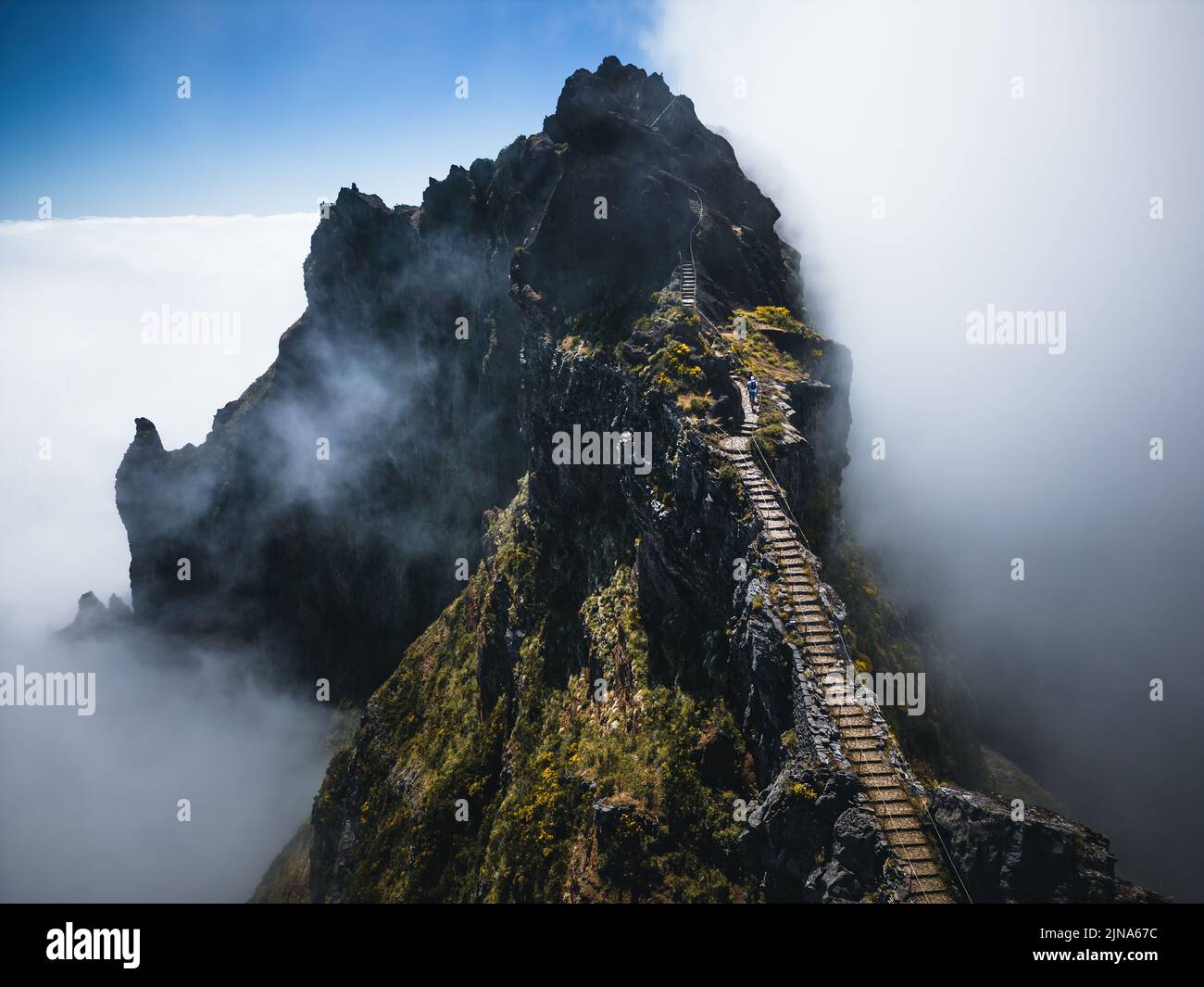 Aerial view of footpath on Pico do Arieiro above clouds, Madeira, Portugal Stock Photo