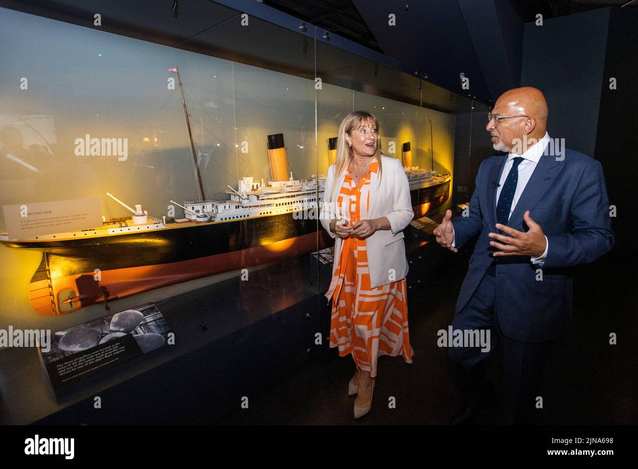 Chancellor Nadhim Zahawi, with CEO Judith Owens, at Titanic Belfast, during a visit to Belfast to discuss the cost-of-living. Picture date: Wednesday August 10, 2022. Stock Photo