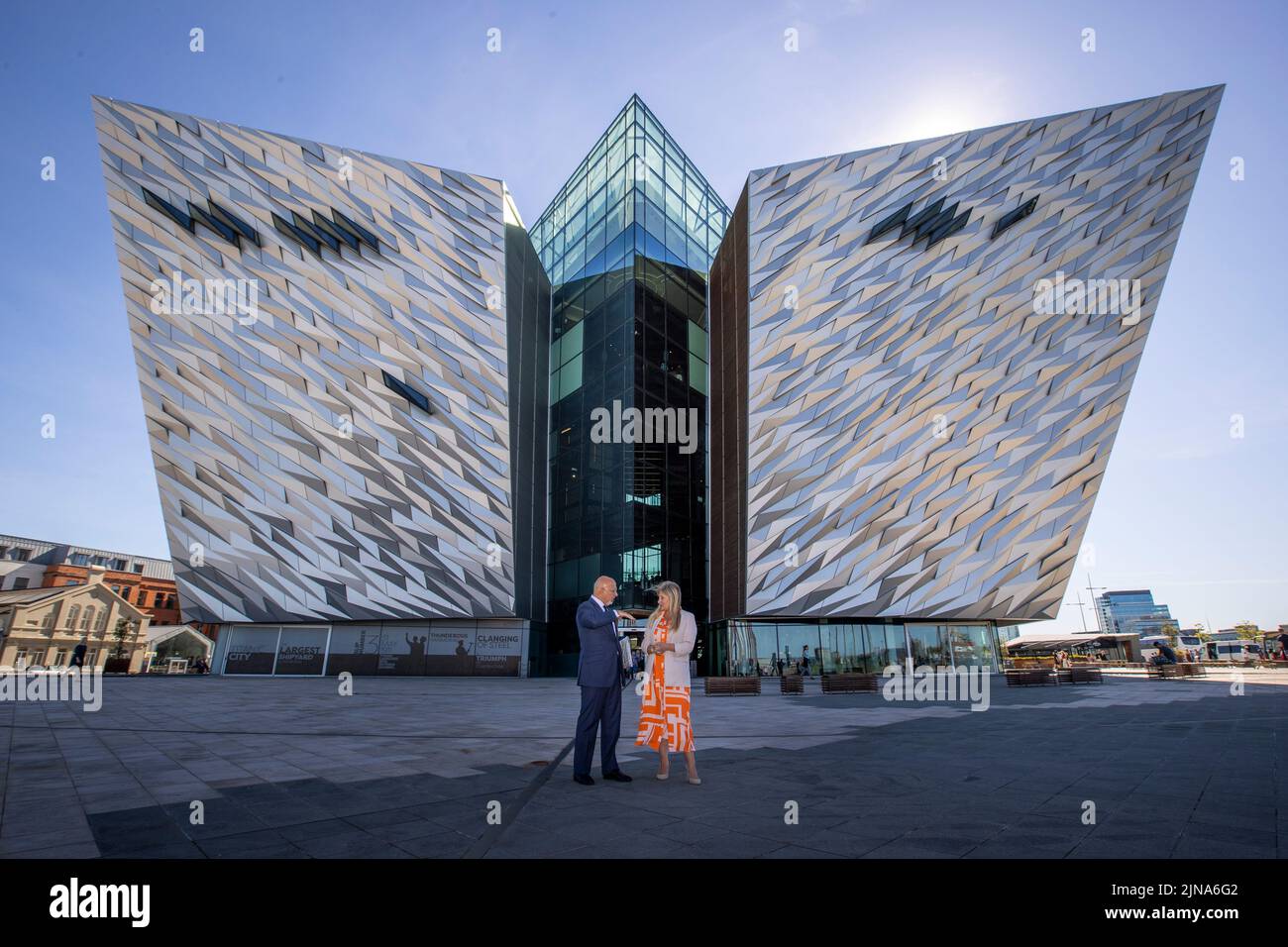 Chancellor Nadhim Zahawi, with CEO Judith Owens, at Titanic Belfast, during a visit to Belfast to discuss the cost-of-living. Picture date: Wednesday August 10, 2022. Stock Photo
