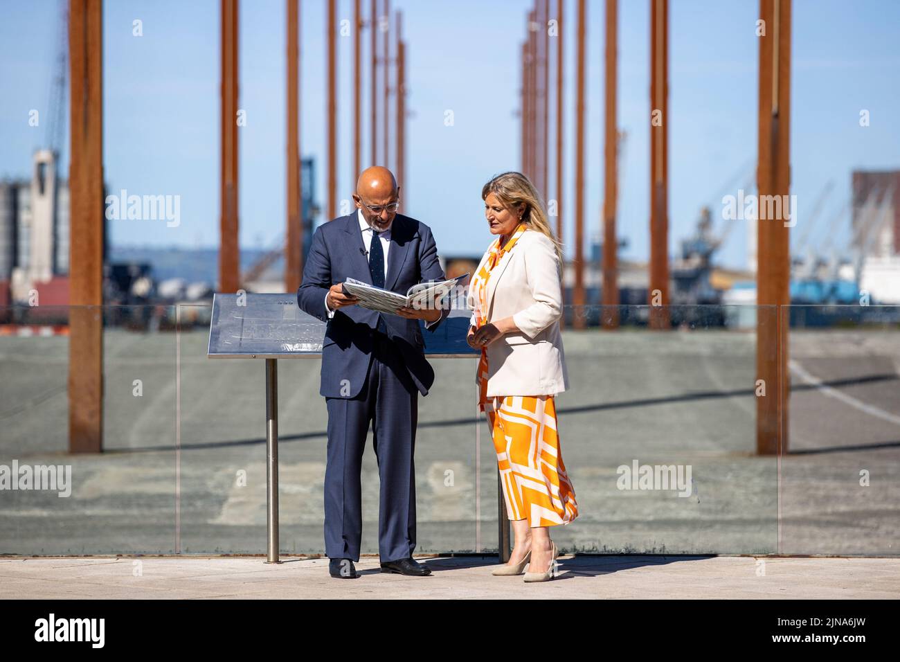 Chancellor Nadhim Zahawi, with CEO Judith Owens, on the Titanic Slipway, during a visit to Belfast to discuss the cost-of-living. Picture date: Wednesday August 10, 2022. Stock Photo