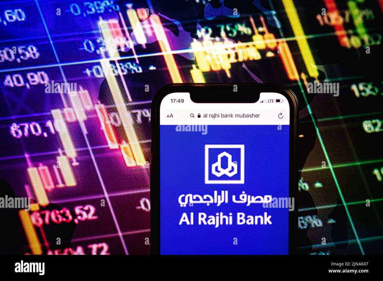 KONSKIE, POLAND - August 09, 2022: Smartphone displaying logo of Al Rajhi Bank company on stock exchange diagram background Stock Photo