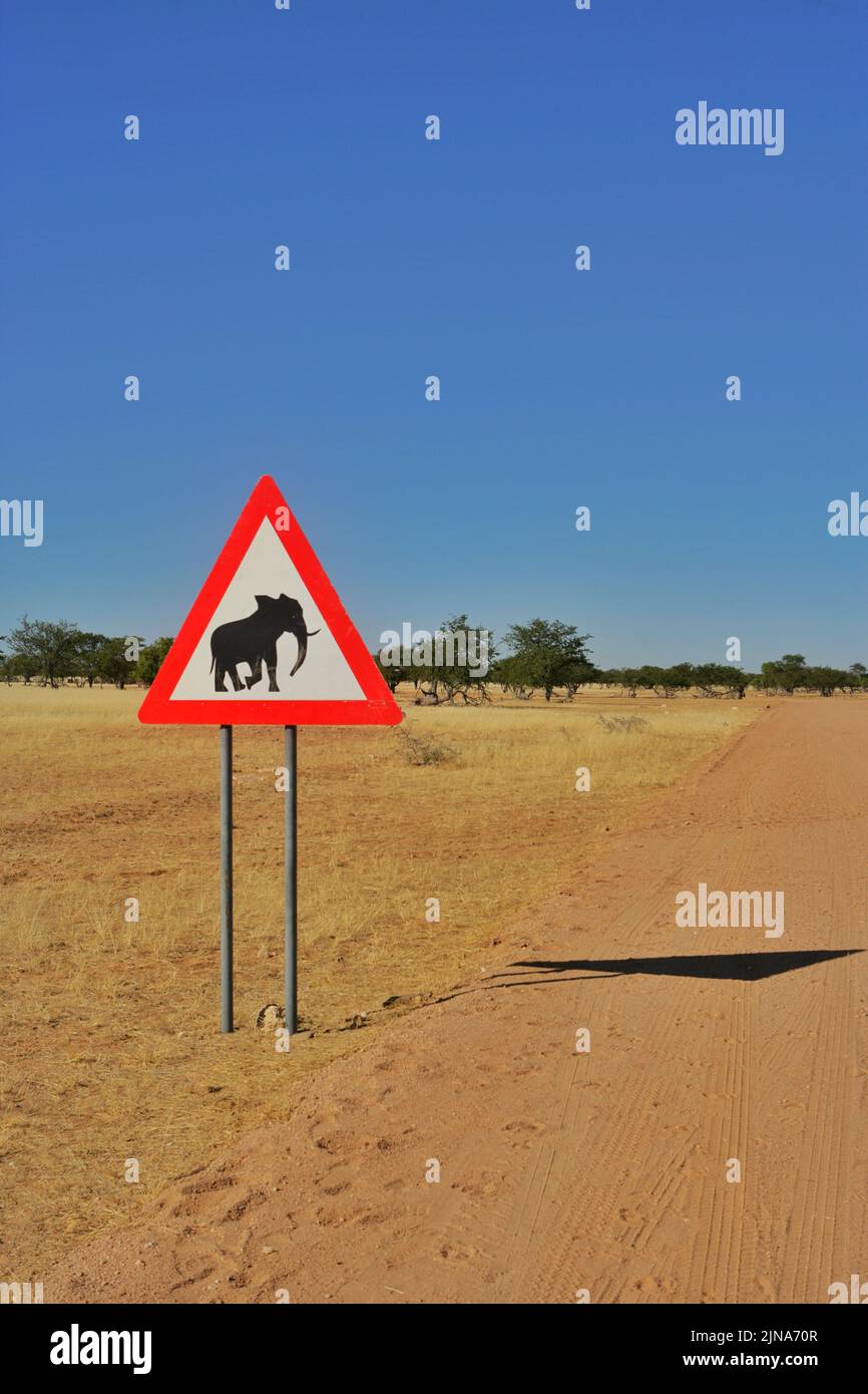 Roadside Elephant road crossing sign, Namib Desert, Namibia Stock Photo