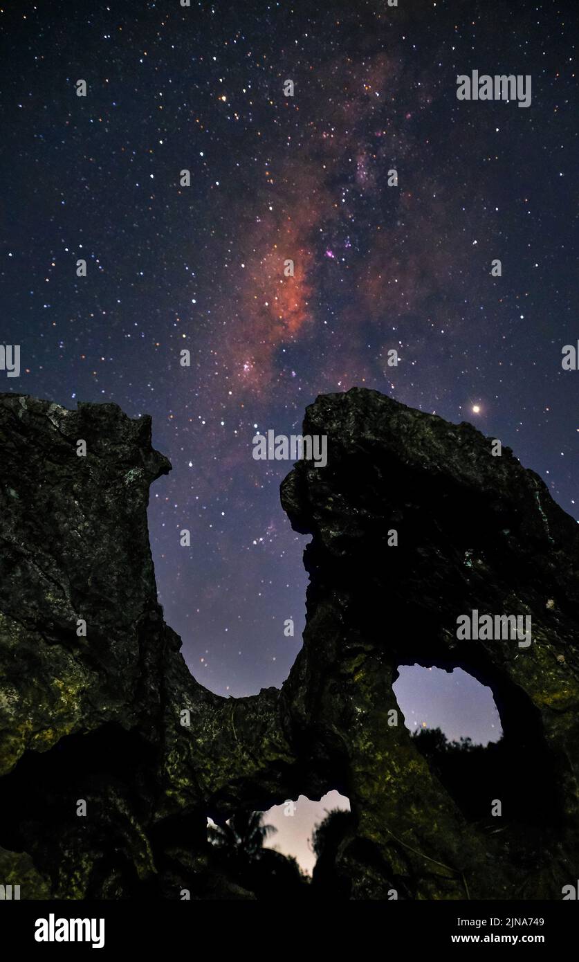 Milky Way Over karst landscape, Rammang-Rammang, Maros-Pangkep, Sulawesi, Indonesia Stock Photo