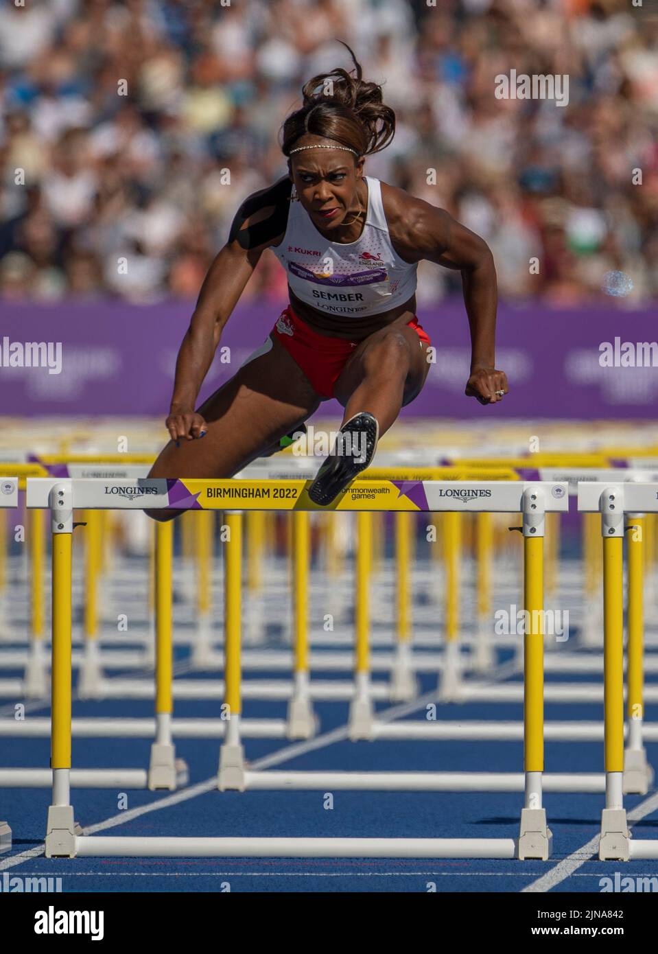 Cindy Sember of England competing in the women’s 100m hurdles final at