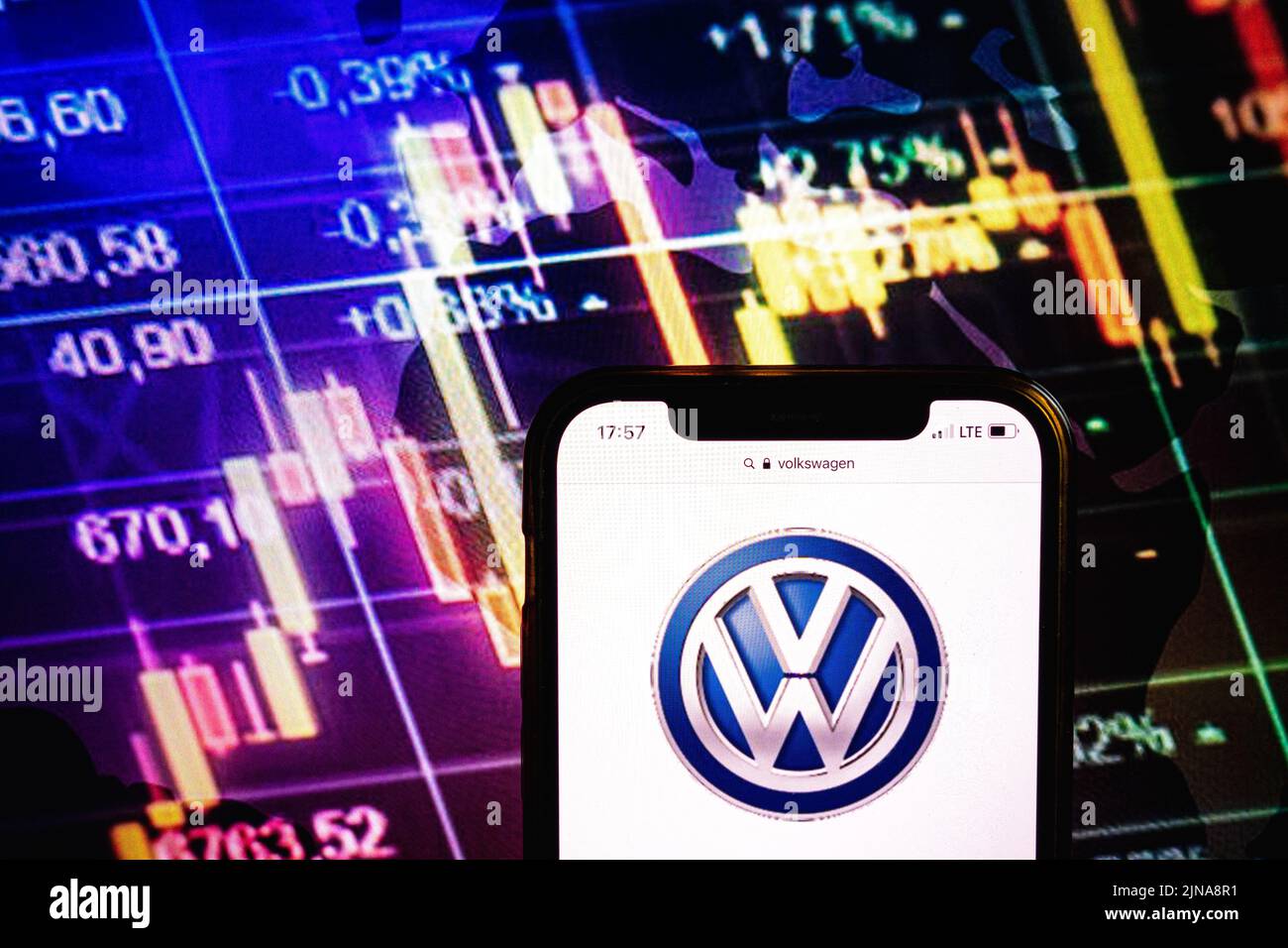 KONSKIE, POLAND - August 09, 2022: Smartphone displaying logo of Volkswagen company on stock exchange diagram background Stock Photo