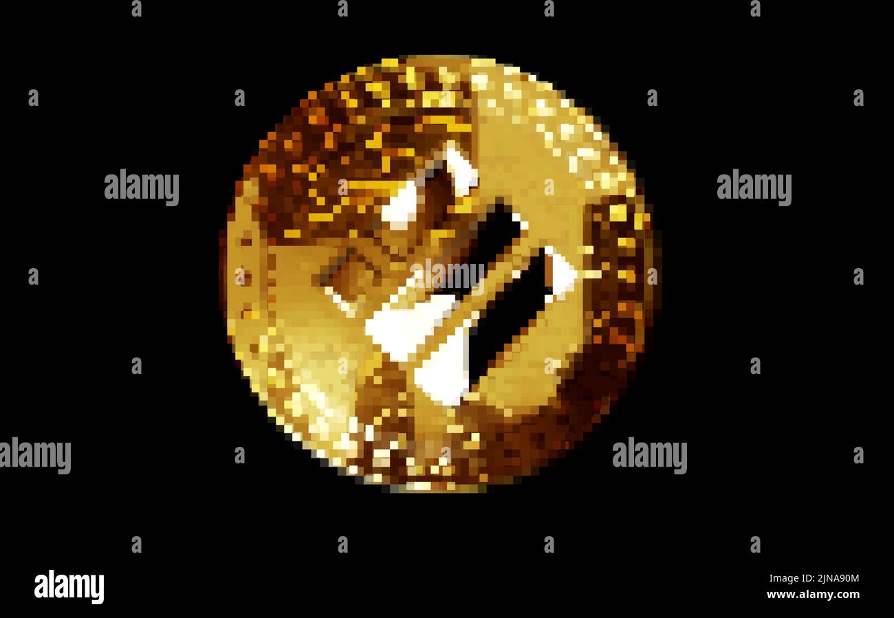 Binance BUSD stablecoin cryptocurrency gold coin in retro pixel mosaic 80s style. Rotating golden metal abstract concept 3D illustration. Stock Photo