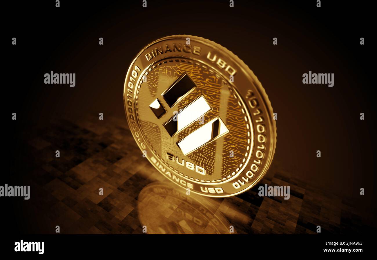 Binance BUSD stablecoin cryptocurrency gold coin on green screen background. Abstract concept 3d illustration. Stock Photo