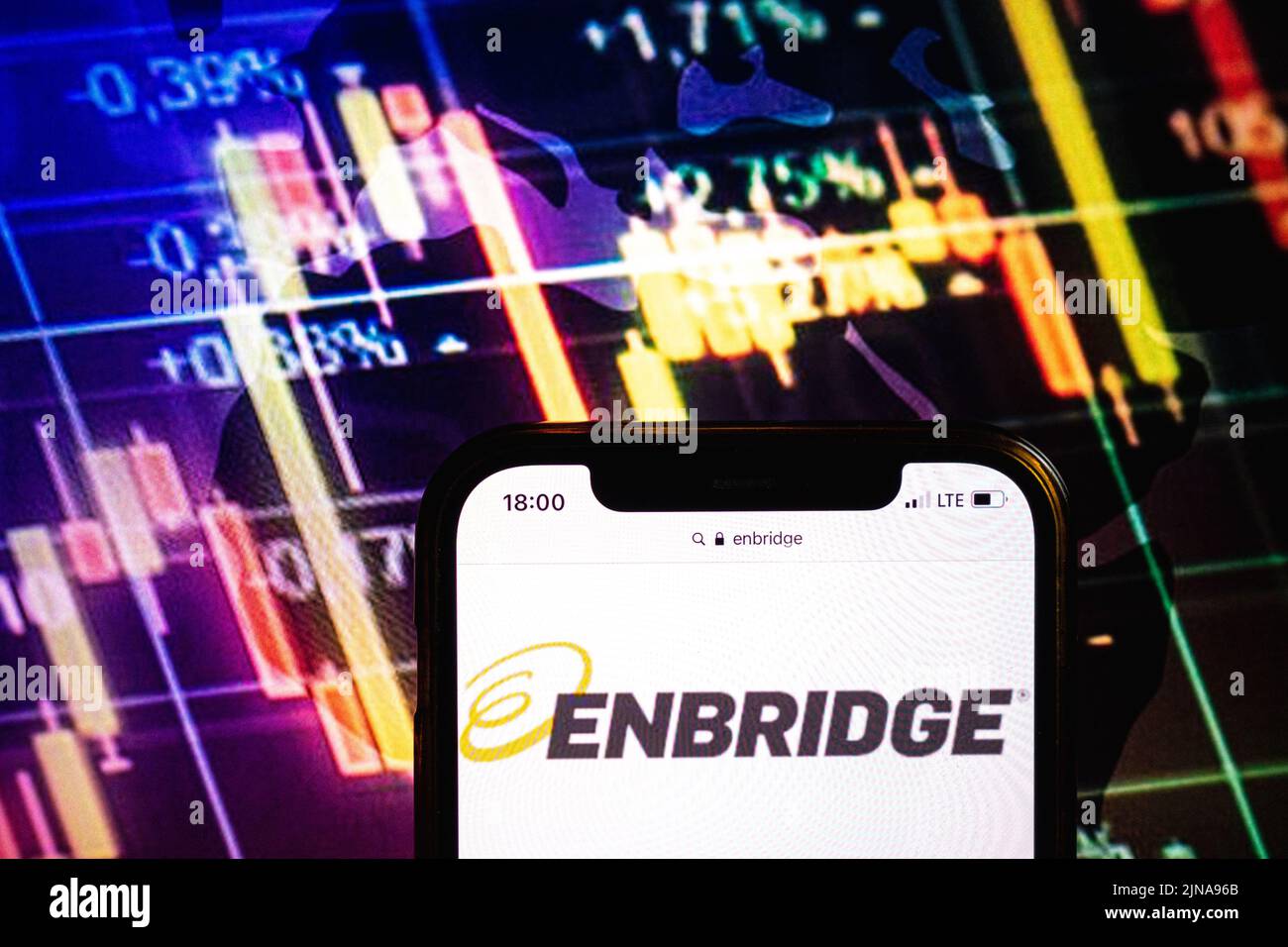 KONSKIE, POLAND - August 09, 2022: Smartphone displaying logo of Enbridge company on stock exchange diagram background Stock Photo