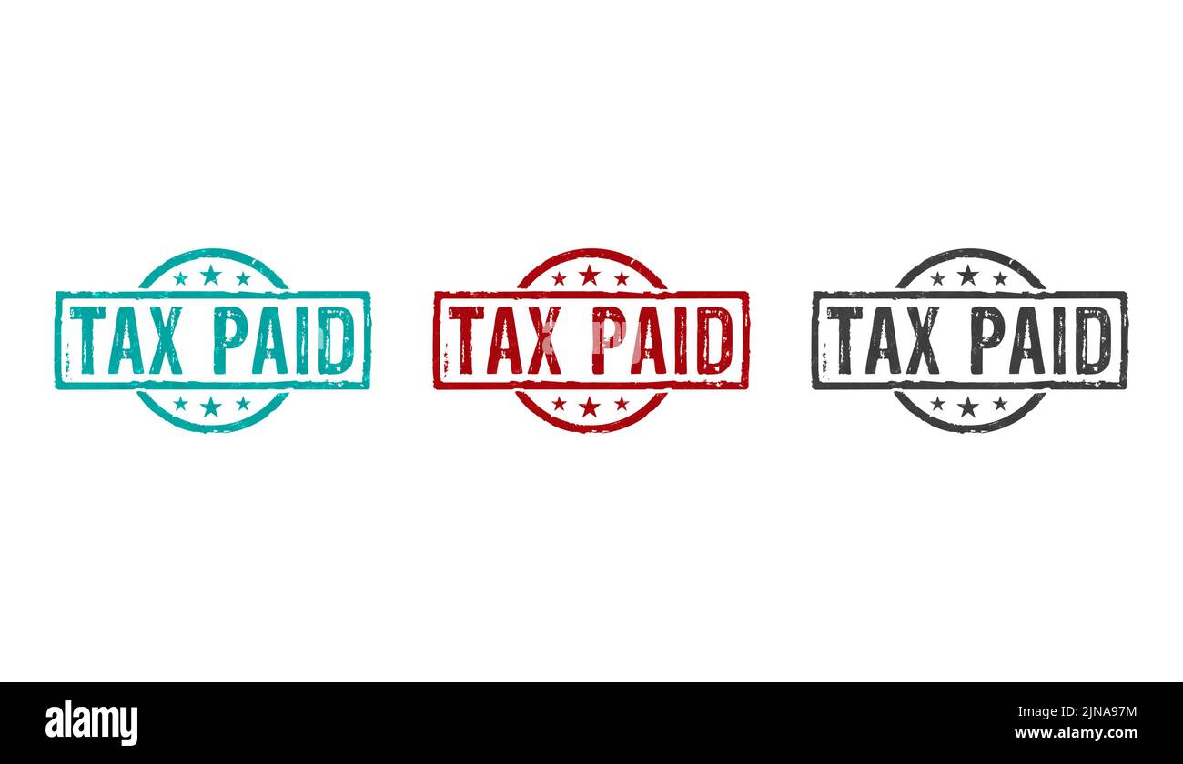 Tax paid stamp icons in few color versions. Business taxes and income taxation concept 3D rendering illustration. Stock Photo