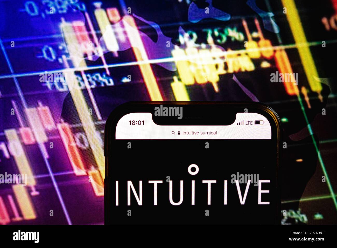 KONSKIE, POLAND - August 09, 2022: Smartphone displaying logo of Intuitive Surgical company on stock exchange diagram background Stock Photo