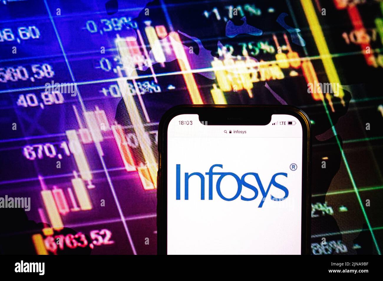KONSKIE, POLAND - August 09, 2022: Smartphone displaying logo of Infosys company on stock exchange diagram background Stock Photo