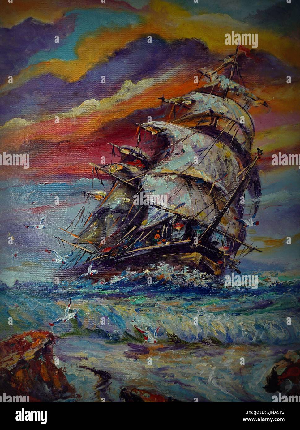 Art painting oil color sailboat , junk boat , Lucky trade Stock Photo
