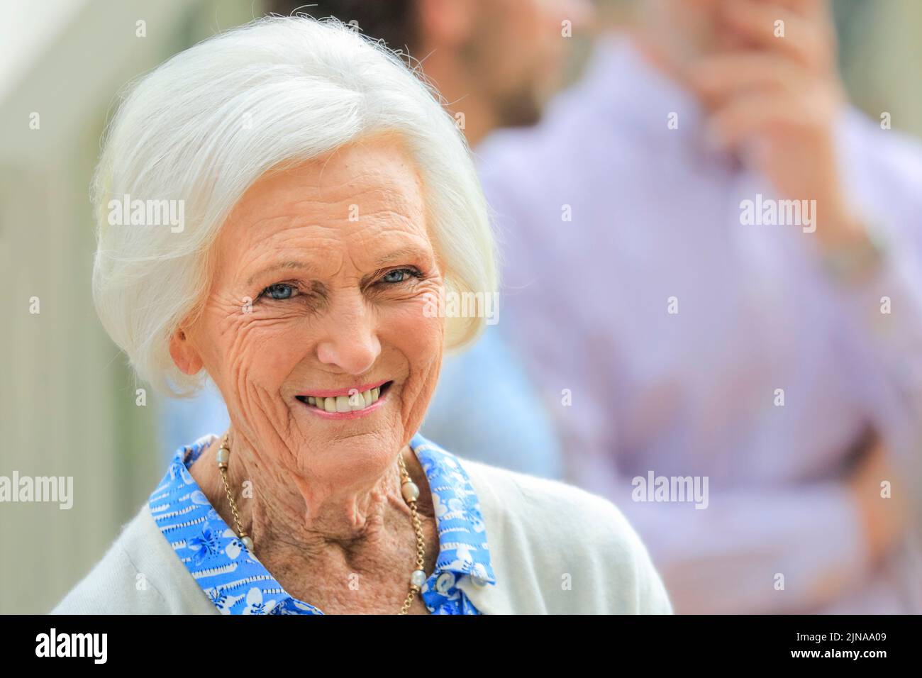 Dame Mary Berry, baker, food writer, cookery TV presenter, close up of face, smiling, Chelsea Flower Show 2022 press day Stock Photo