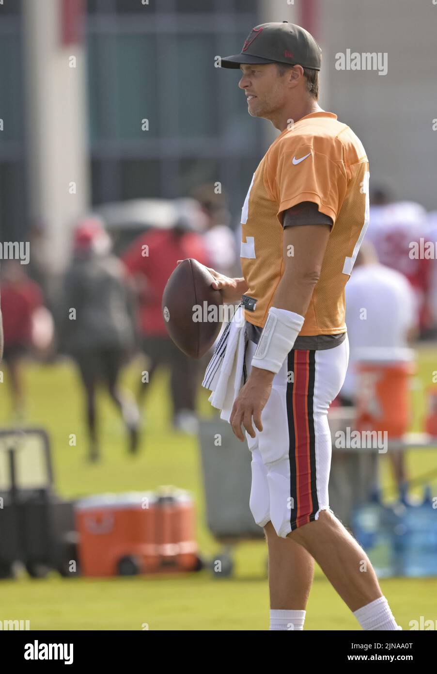 Tampa, United States. 10th Aug, 2022. Tampa Bay Buccaneers quarterback Tom Brady loosens up during a joint practice with the Miami Dolphins at the Buccaneer's training center in Tampa, Florida on Friday, August 10, 2022. Photo by Steve Nesius/UPI Credit: UPI/Alamy Live News Stock Photo