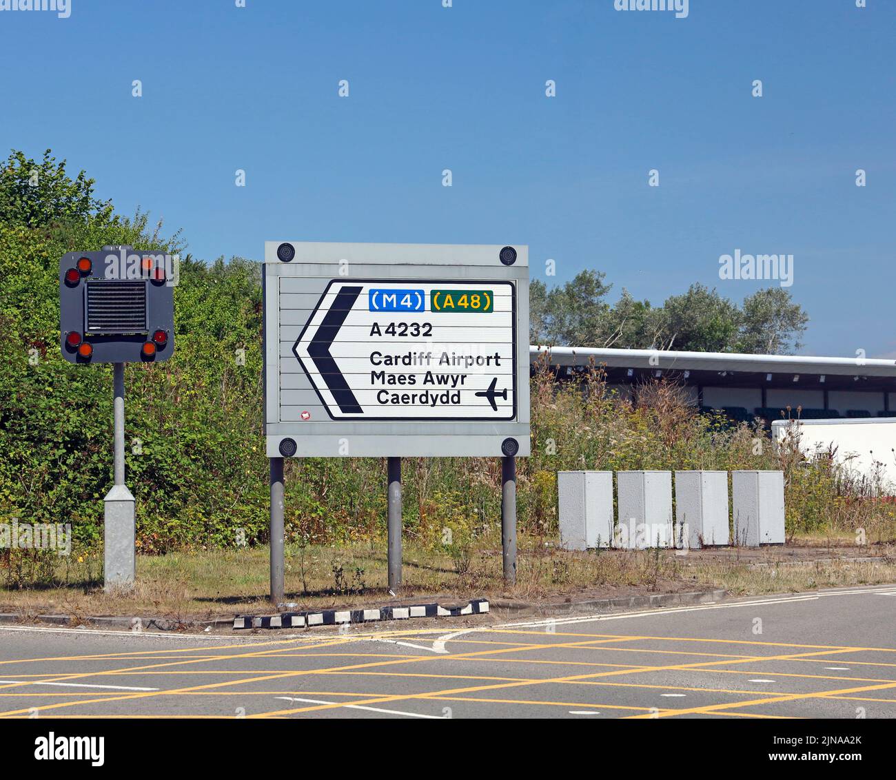 Road sign from Cardiff to Cardiff airport by the A48 and M4. Leckwith